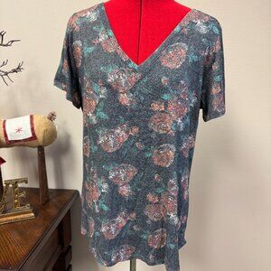 LuLaRoe Christy V-Neck Heather Grey with Salmon flowers NEW size M